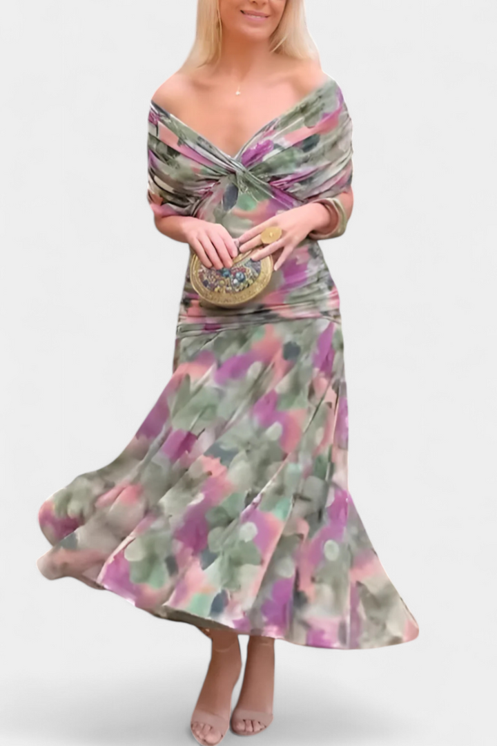 Women's Wedding Guest Maxi Dress with Off Shoulder V Neck