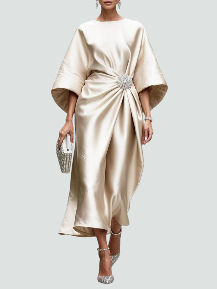 Women's Occasion Midi Dress with Boat Neck and Batwing Sleeves