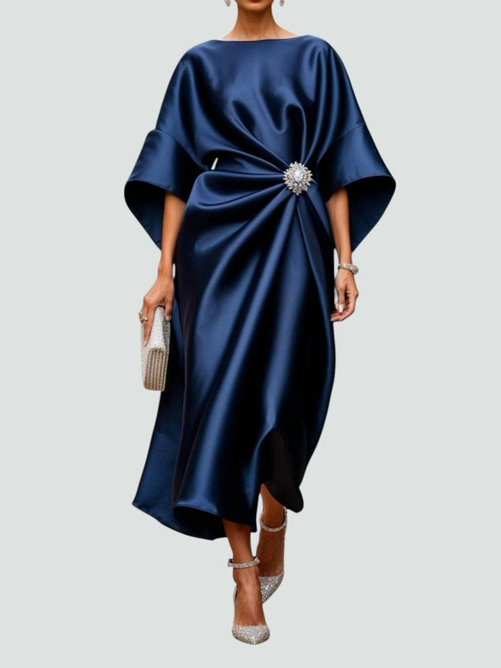 Women's Occasion Midi Dress with Boat Neck and Batwing Sleeves