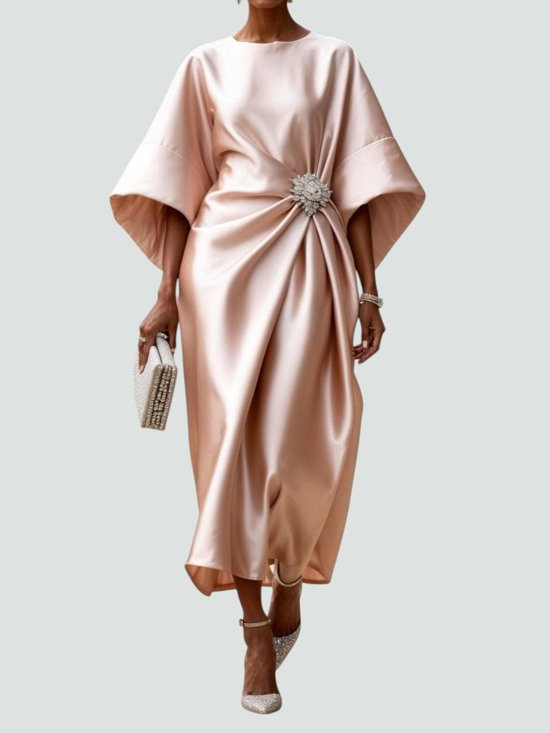 Women's Occasion Midi Dress with Boat Neck and Batwing Sleeves