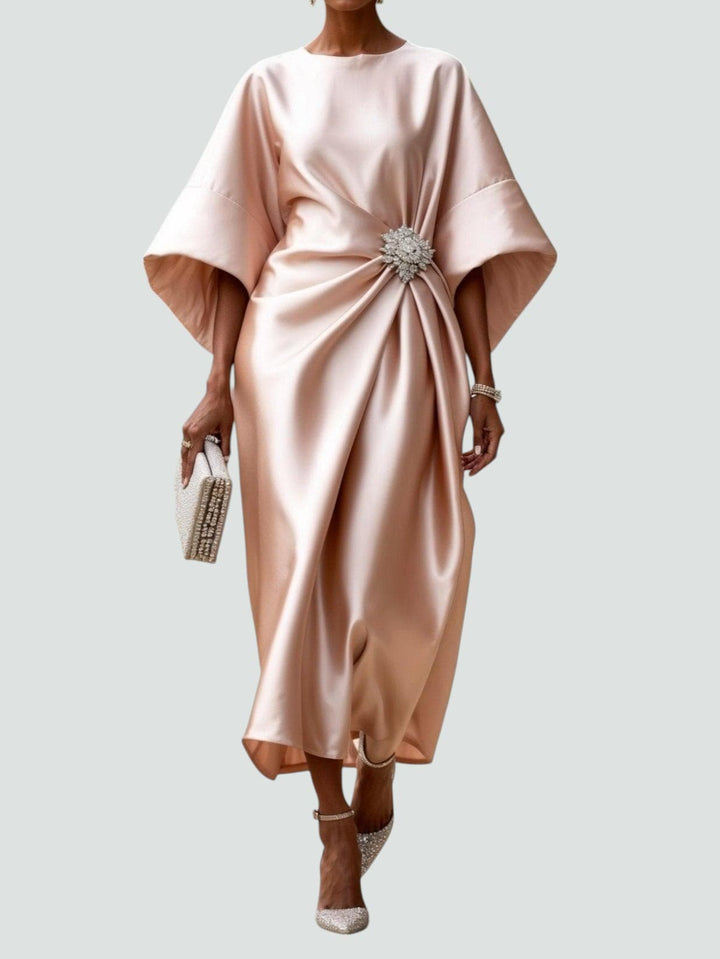 Women's Occasion Midi Dress with Boat Neck and Batwing Sleeves