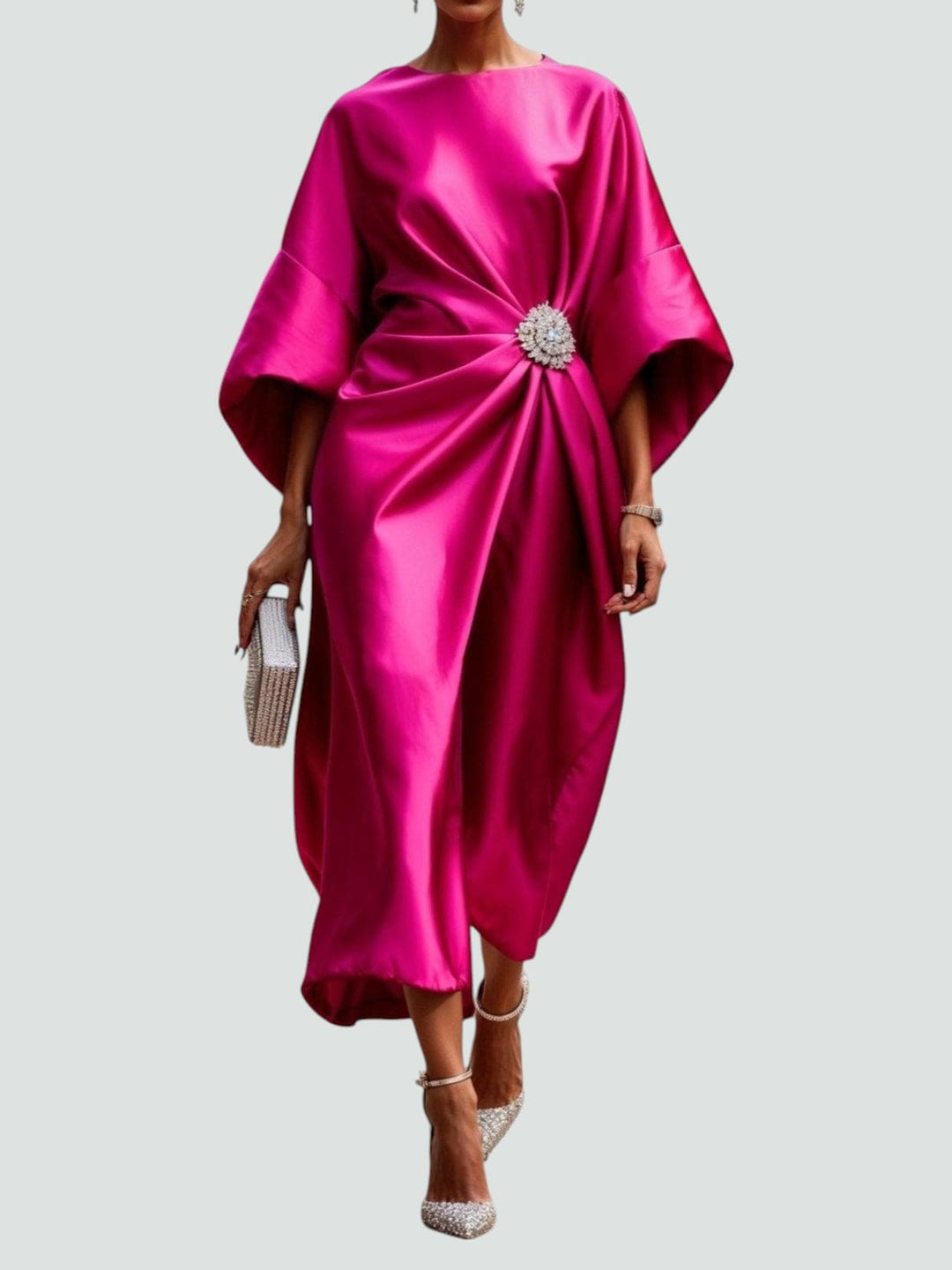 Women's Occasion Midi Dress with Boat Neck and Batwing Sleeves
