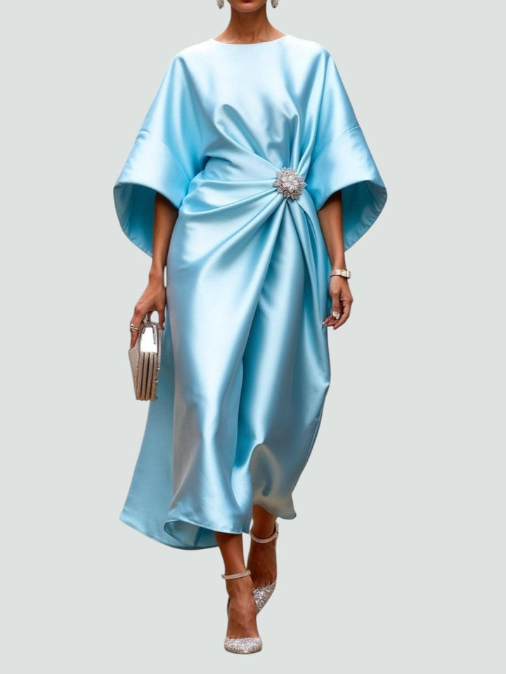 Women's Occasion Midi Dress with Boat Neck and Batwing Sleeves