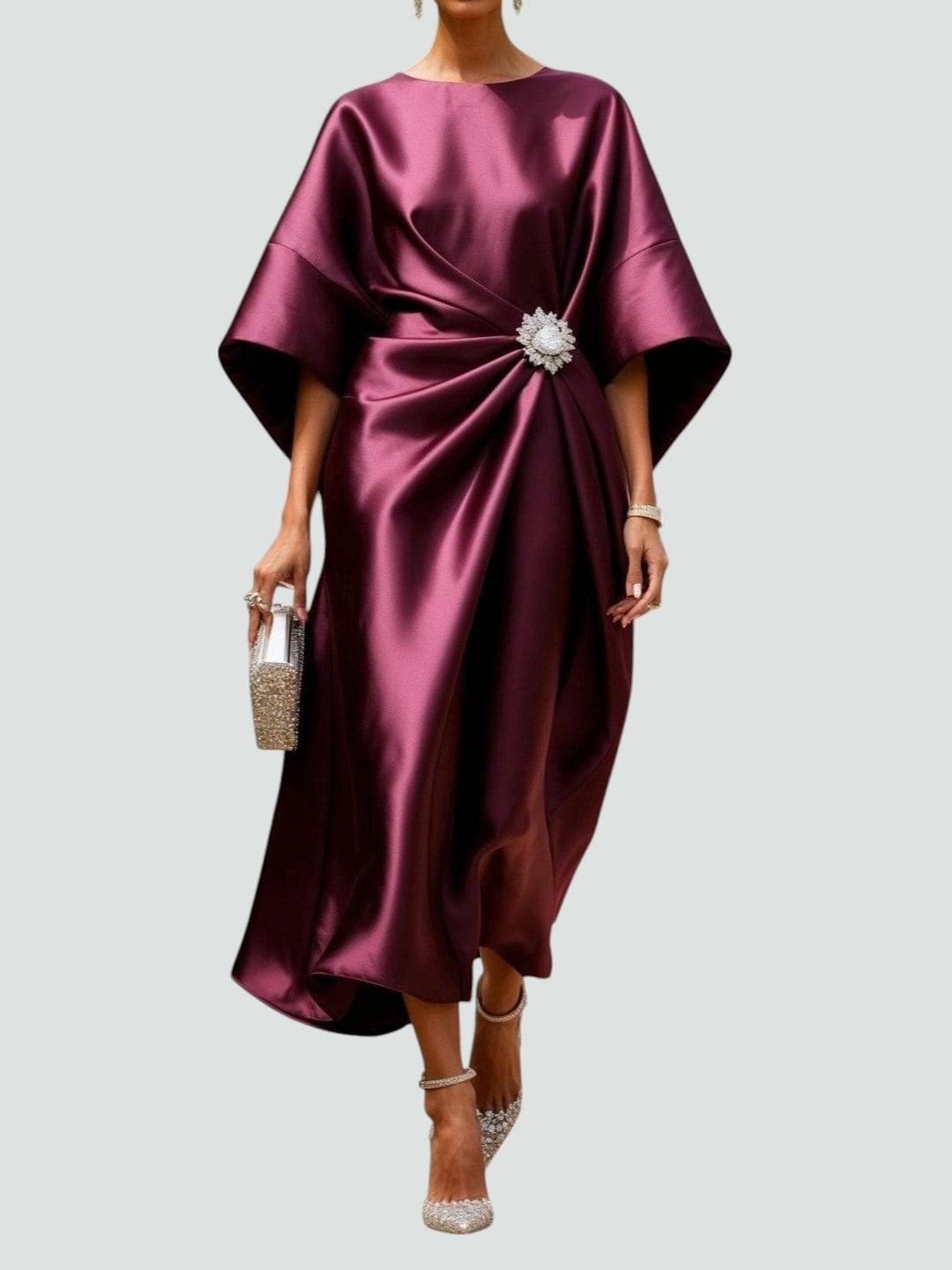 Women's Occasion Midi Dress with Boat Neck and Batwing Sleeves