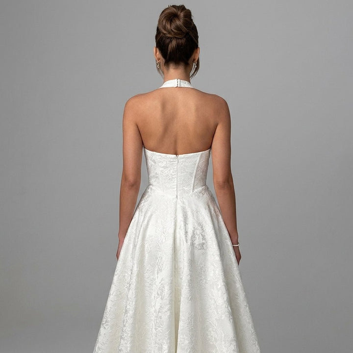 Women's Wedding Guest Halter Midi Dress with A-Line Skirt