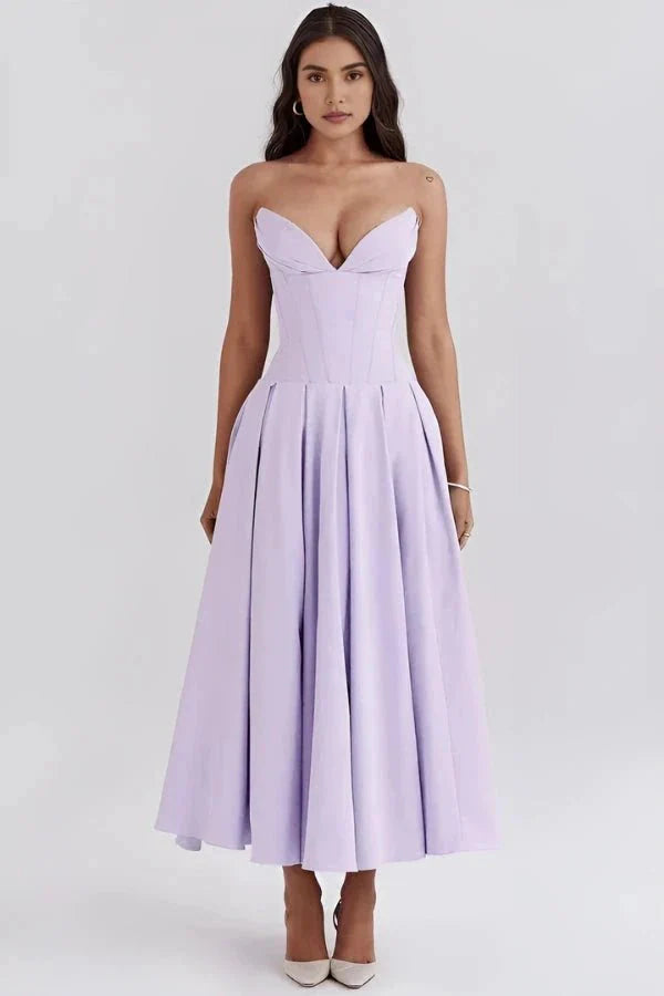 Women's Wedding Guest Corset Midi Dress with Full Skirt