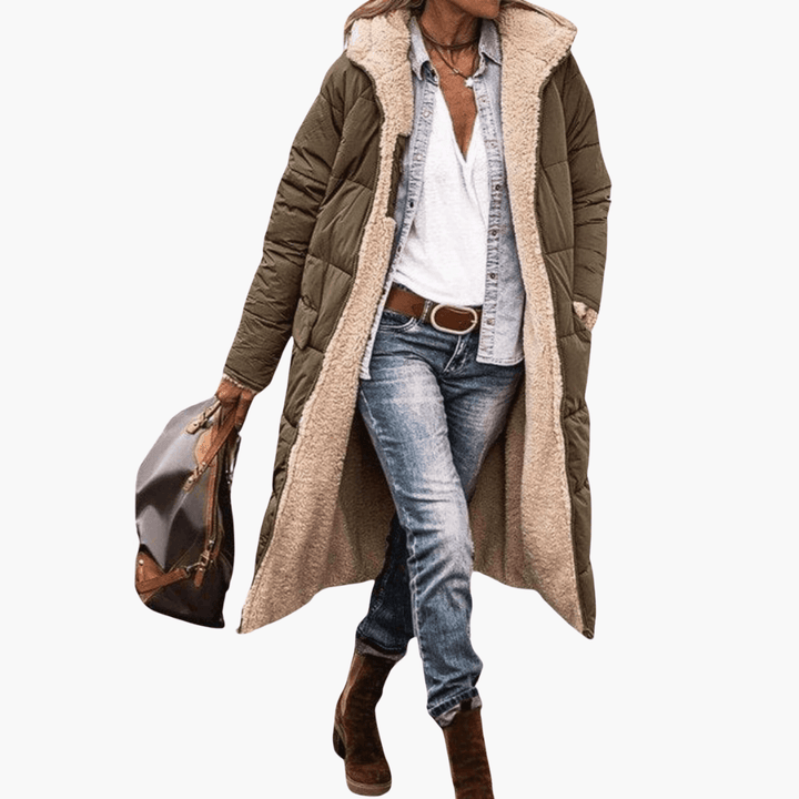 Women's Longline Puffer Coat with Hood and Quilted Design
