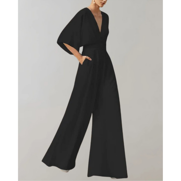 Women's Wide Leg Jumpsuit with V Neck and Short Sleeves