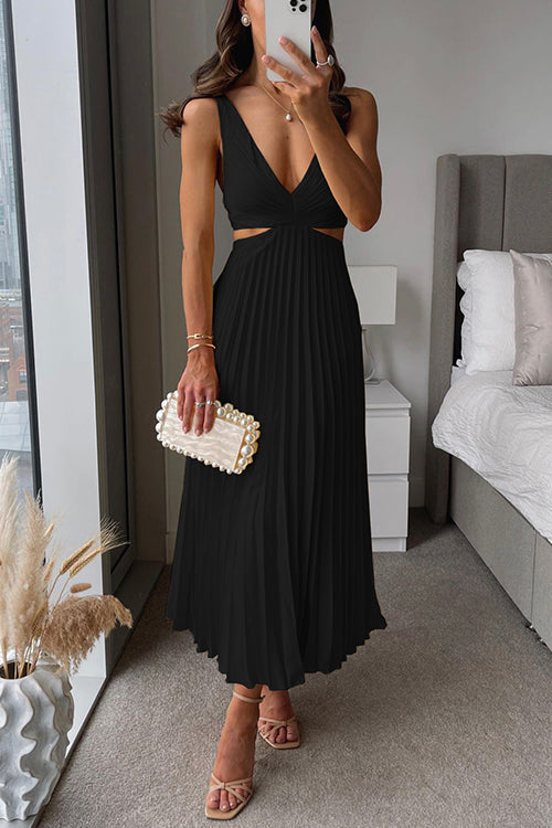 Women's Wedding Guest Midi Dress with V Neck and Pleated Skirt