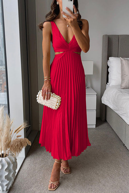 Women's Wedding Guest Midi Dress with V Neck and Pleated Skirt