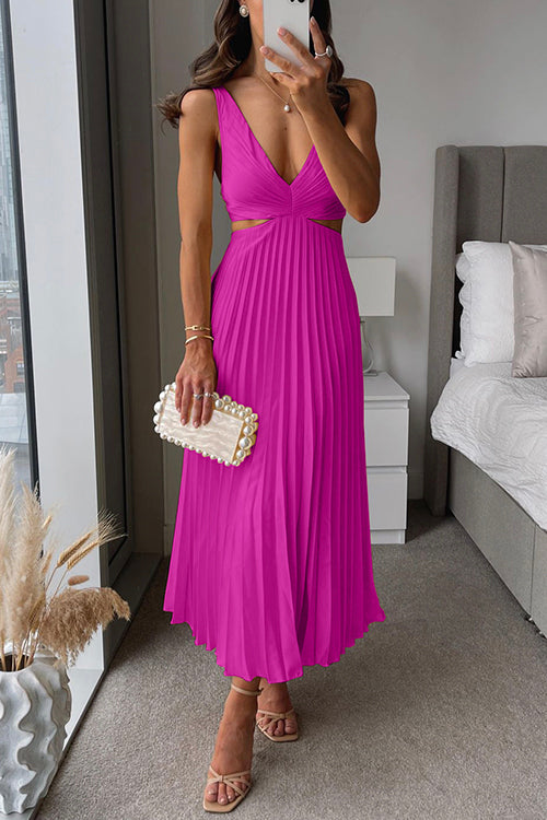 Women's Wedding Guest Midi Dress with V Neck and Pleated Skirt