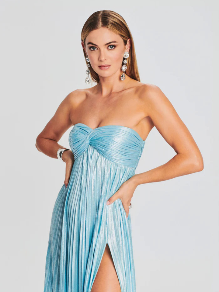 Women's Evening Strapless Maxi Dress with Twisted Bodice and High Slit
