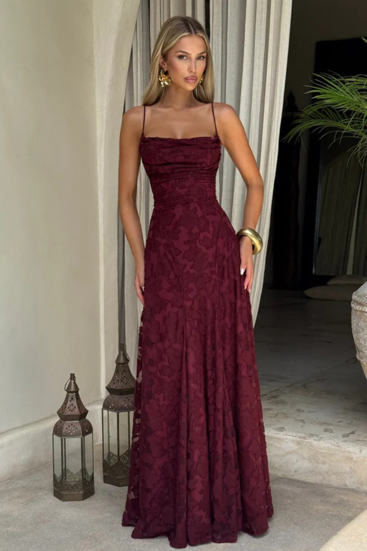 Women's Wedding Guest Maxi Dress with Floral Lace and Square Neckline