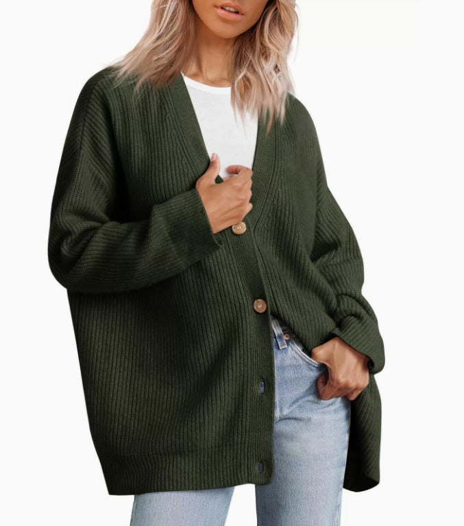 Women's Striped Knit Cardigan with V Neck and Button Front