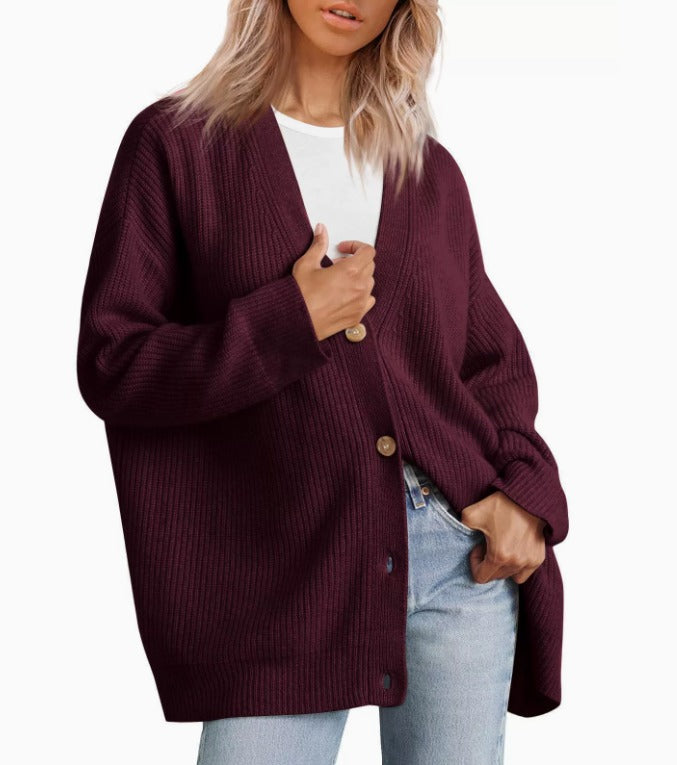 Women's Striped Knit Cardigan with V Neck and Button Front