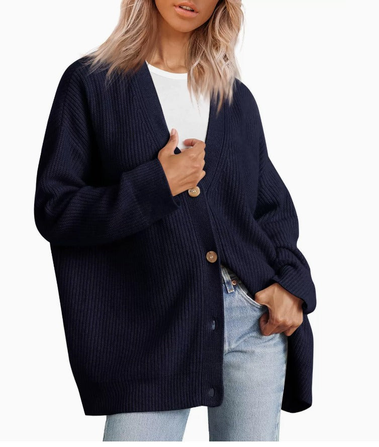 Women's Striped Knit Cardigan with V Neck and Button Front