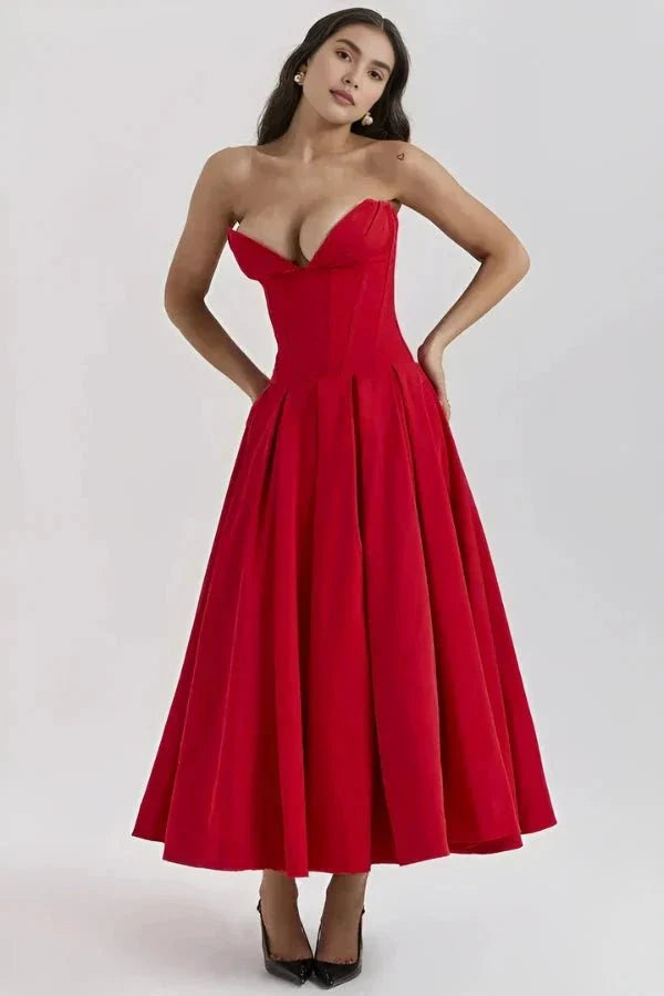 Women's Wedding Guest Corset Midi Dress with Full Skirt