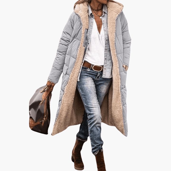 Women's Longline Puffer Coat with Hood and Quilted Design