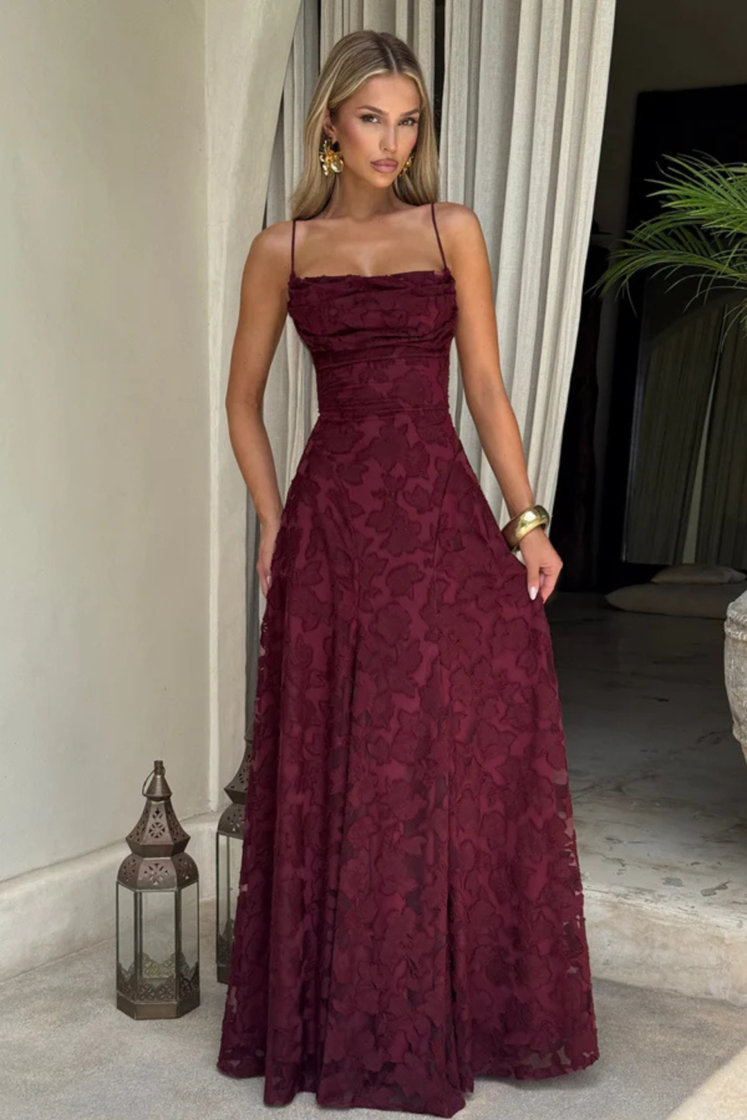 Women's Wedding Guest Maxi Dress with Floral Lace and Square Neckline