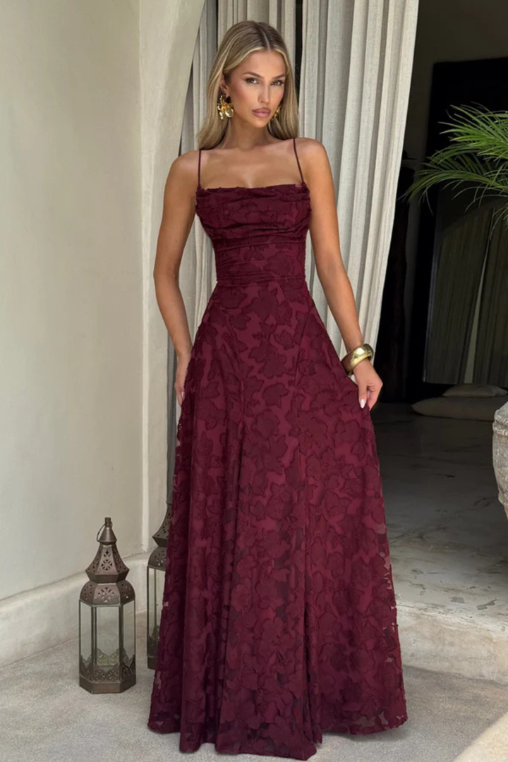 Women's Wedding Guest Maxi Dress with Floral Lace and Square Neckline