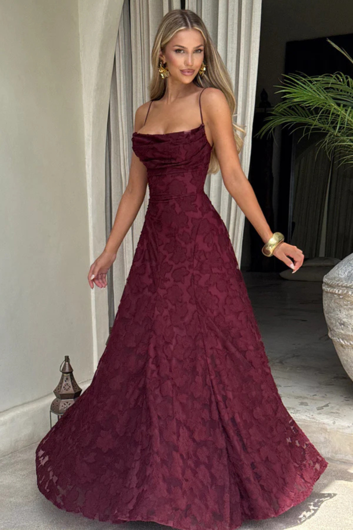 Women's Wedding Guest Maxi Dress with Floral Lace and Square Neckline