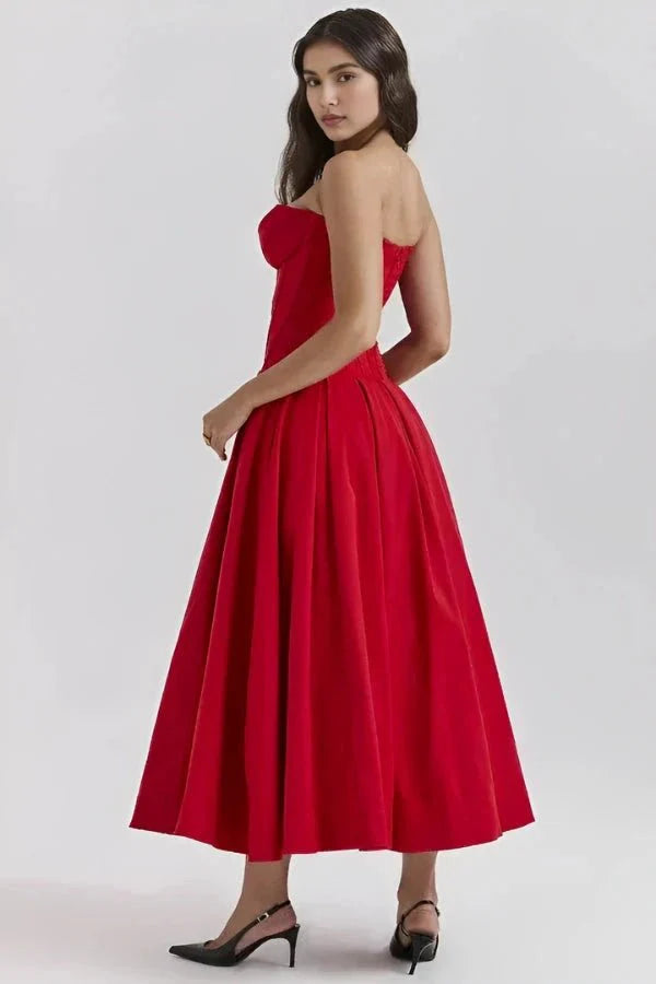 Women's Wedding Guest Corset Midi Dress with Full Skirt