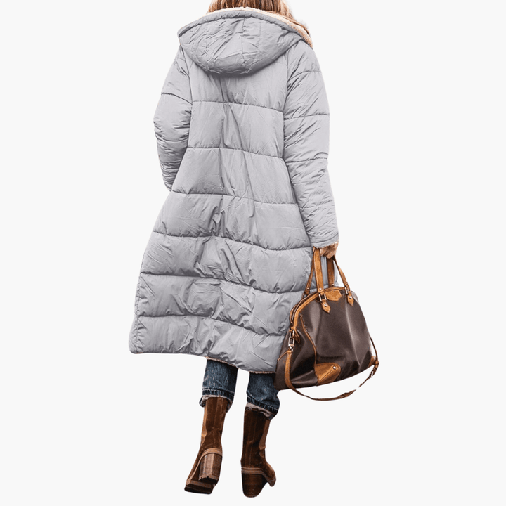Women's Longline Puffer Coat with Hood and Quilted Design