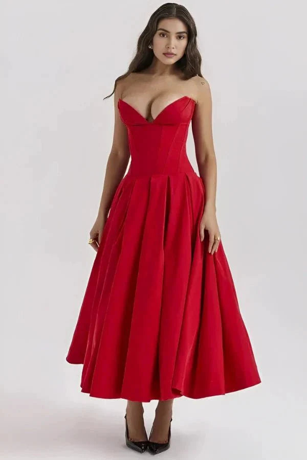 Women's Wedding Guest Corset Midi Dress with Full Skirt