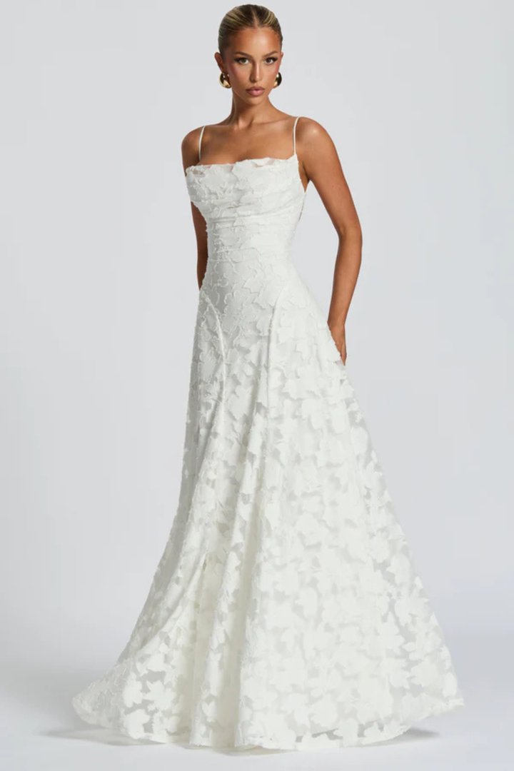 Women's Wedding Guest Maxi Dress with Floral Lace and Square Neckline