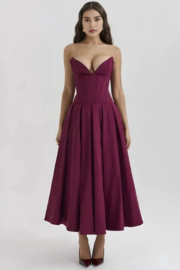 Women's Wedding Guest Corset Midi Dress with Full Skirt