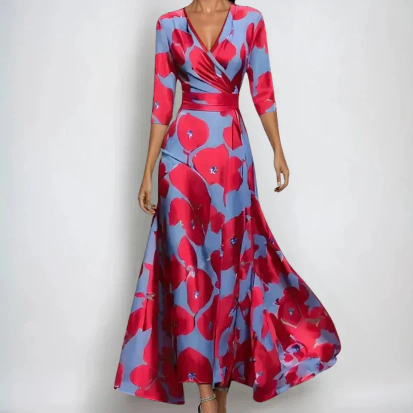 Women's Wedding Guest Floral Wrap Maxi Dress with V Neck