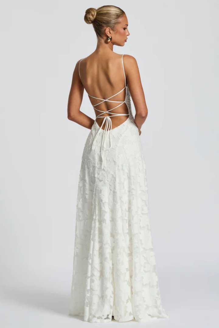 Women's Wedding Guest Maxi Dress with Floral Lace and Square Neckline