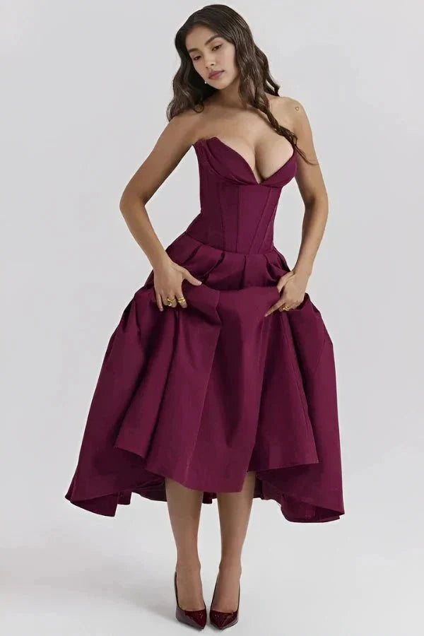 Women's Wedding Guest Corset Midi Dress with Full Skirt
