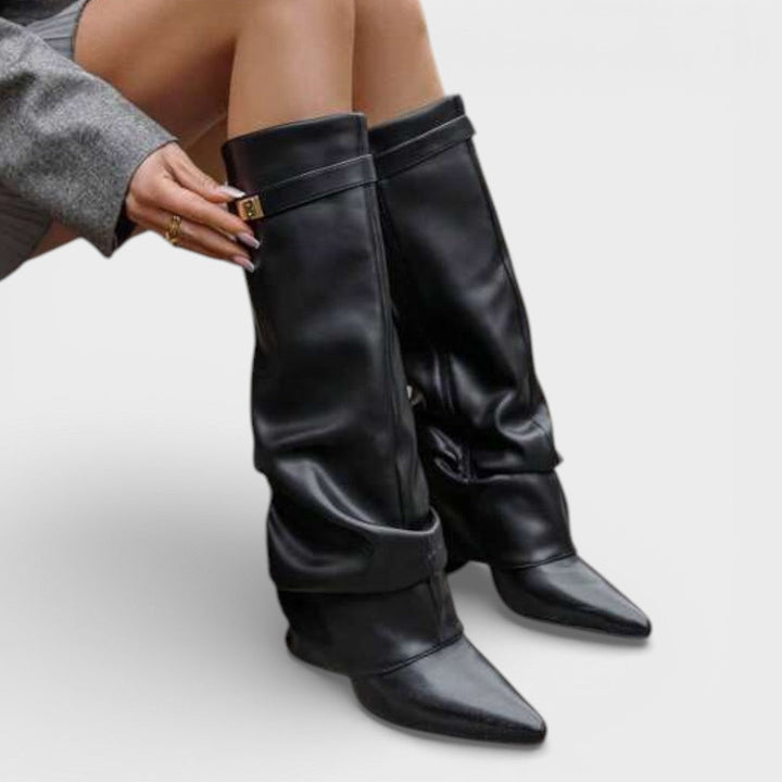 Women's Knee High Boots with Ruched Design and Block Heel