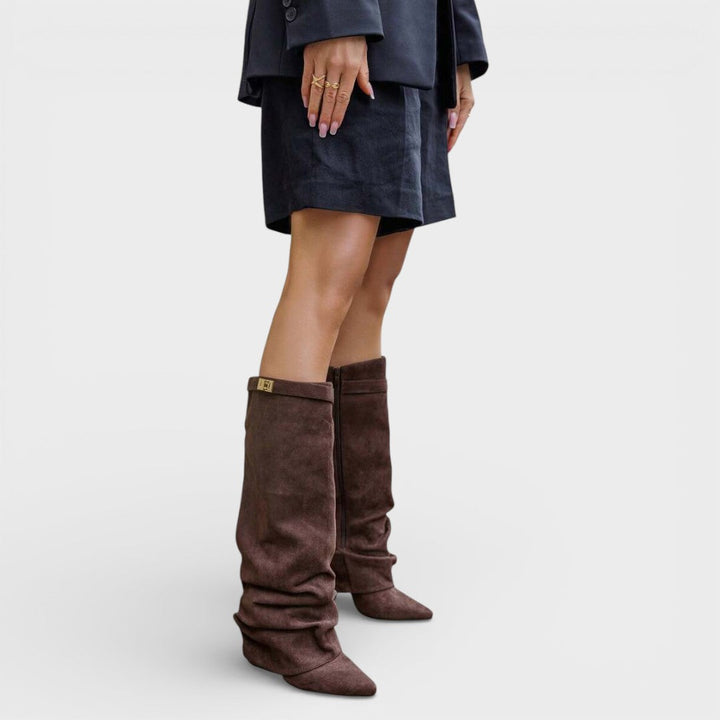 Women's Knee High Boots with Ruched Design and Block Heel