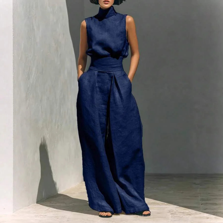 Women's Tailored Co-Ord Set with Sleeveless High Neck Top and Wide Leg Trousers