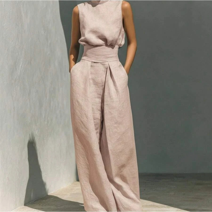 Women's Tailored Co-Ord Set with Sleeveless High Neck Top and Wide Leg Trousers