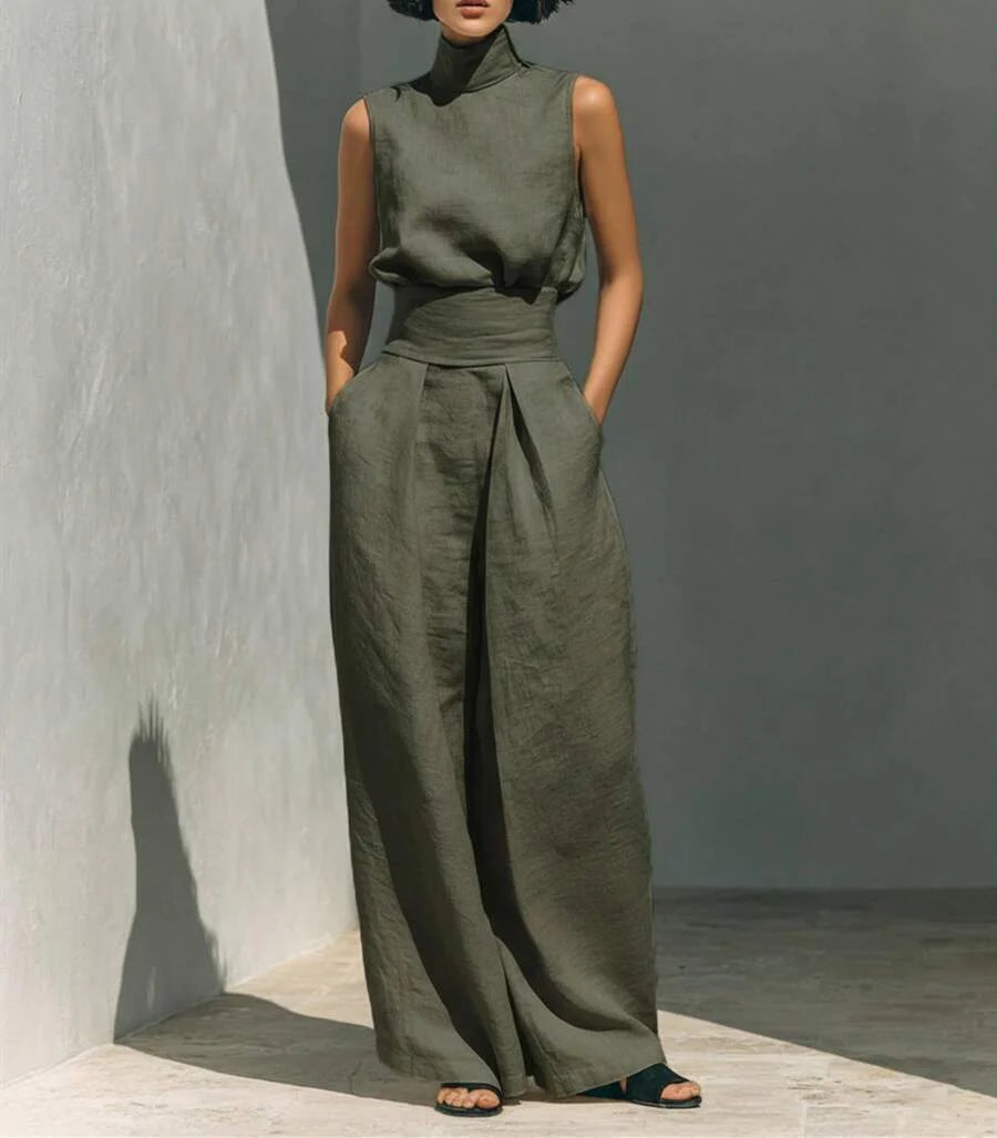 Women's Tailored Co-Ord Set with Sleeveless High Neck Top and Wide Leg Trousers