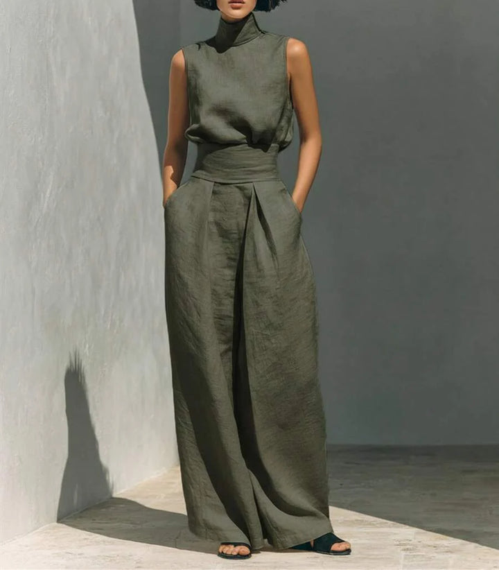 Women's Tailored Co-Ord Set with Sleeveless High Neck Top and Wide Leg Trousers