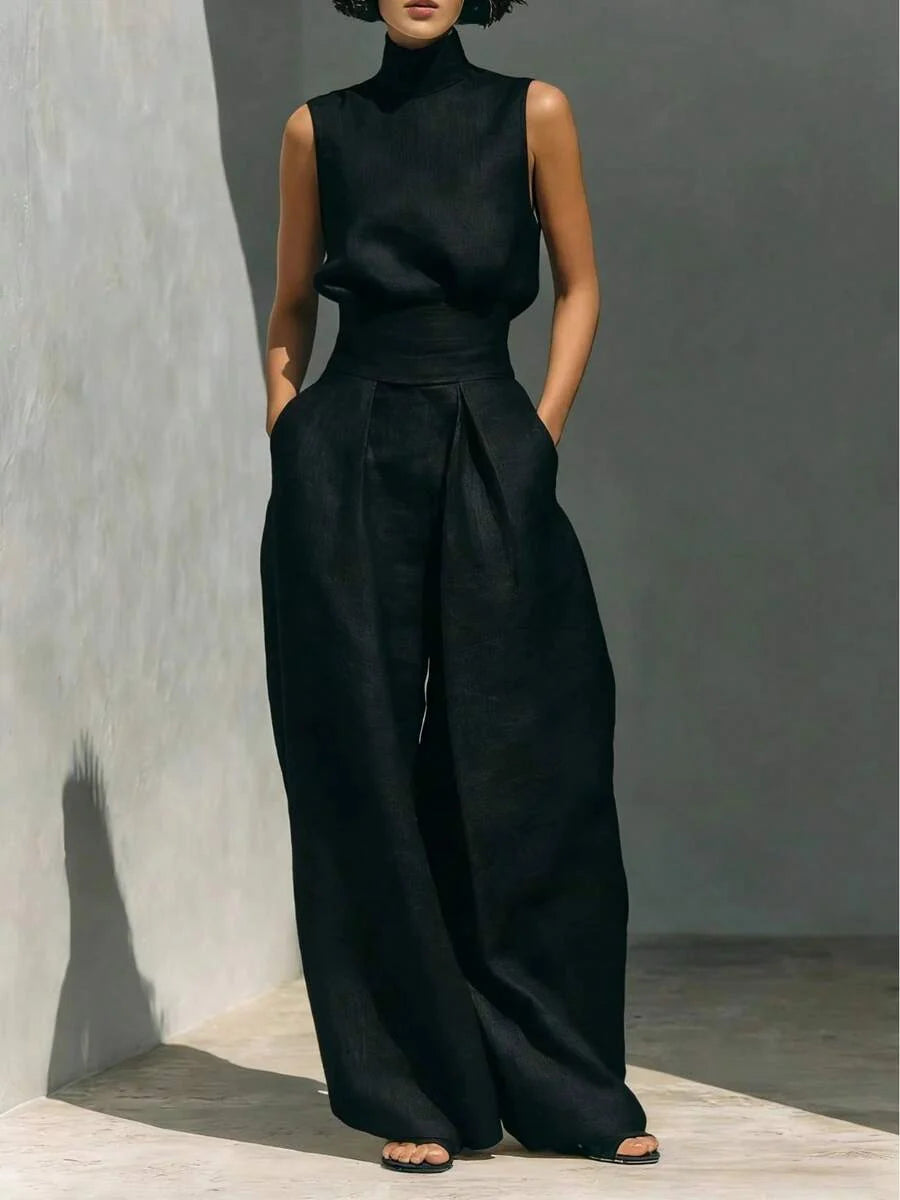 Women's Tailored Co-Ord Set with Sleeveless High Neck Top and Wide Leg Trousers