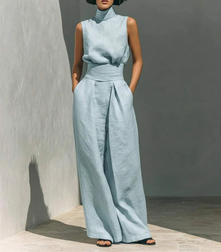 Women's Tailored Co-Ord Set with Sleeveless High Neck Top and Wide Leg Trousers