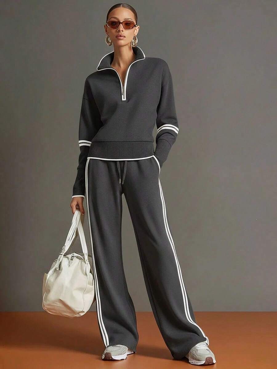 Women's Relaxed Co-Ord Set with Zip Front Top and Wide Leg Trousers