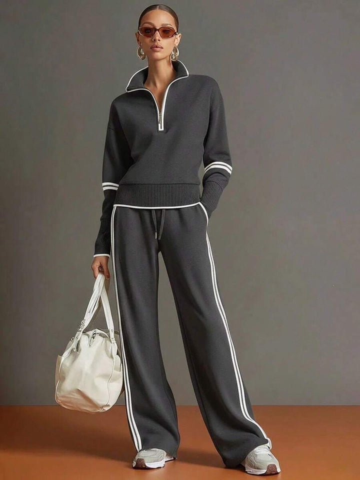 Women's Relaxed Co-Ord Set with Zip Front Top and Wide Leg Trousers