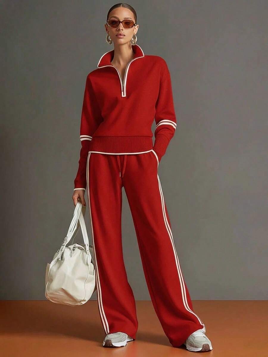 Women's Relaxed Co-Ord Set with Zip Front Top and Wide Leg Trousers