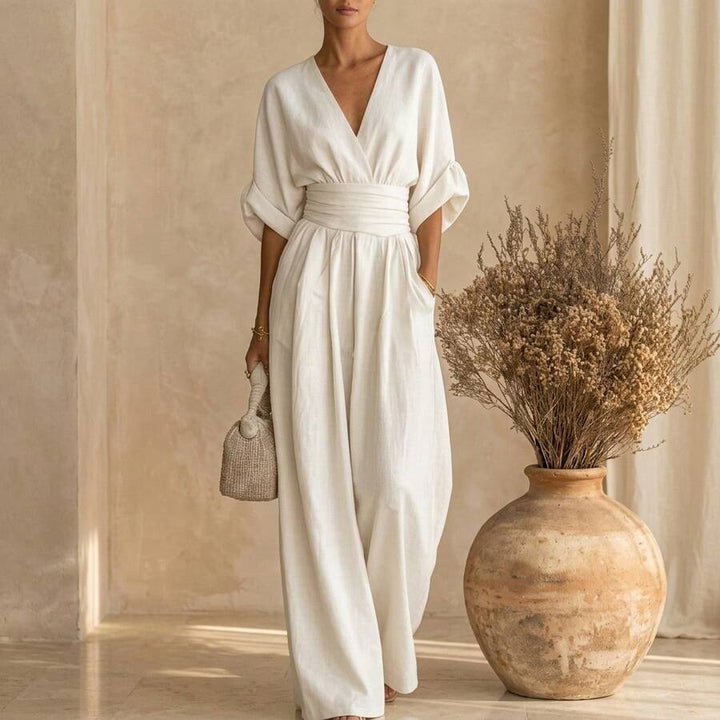 Women's Wrap Front Jumpsuit with V Neck and Wide Leg Design