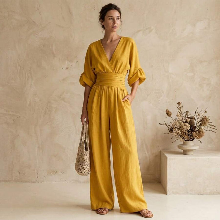 Women's Wrap Front Jumpsuit with V Neck and Wide Leg Design