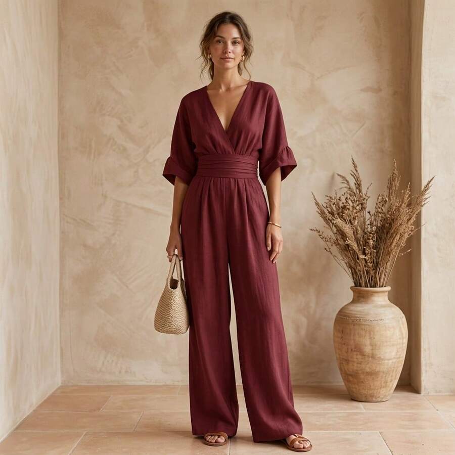 Women's Wrap Front Jumpsuit with V Neck and Wide Leg Design