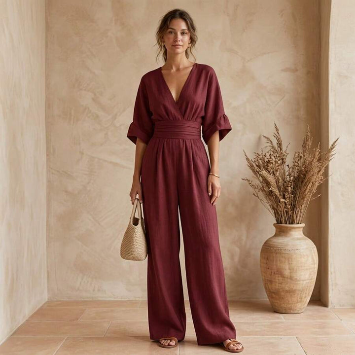 Women's Wrap Front Jumpsuit with V Neck and Wide Leg Design