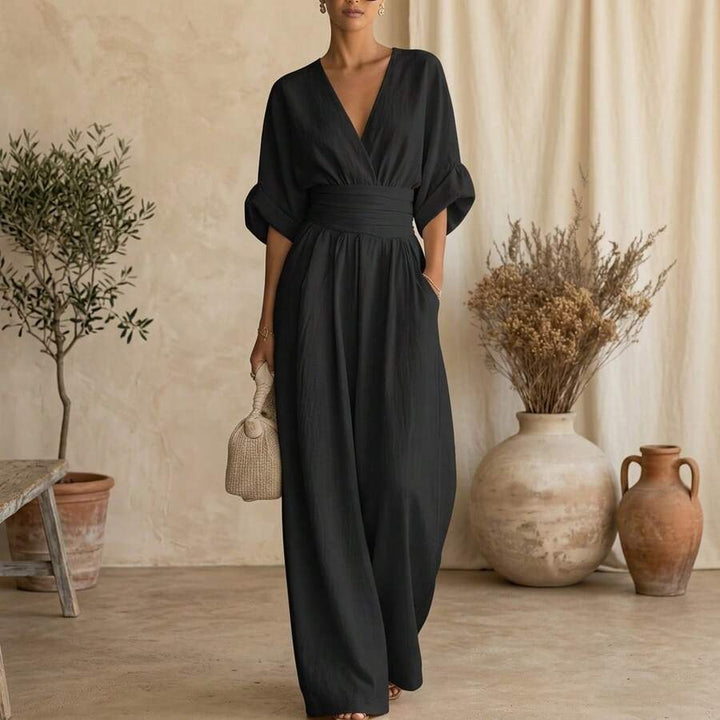 Women's Wrap Front Jumpsuit with V Neck and Wide Leg Design