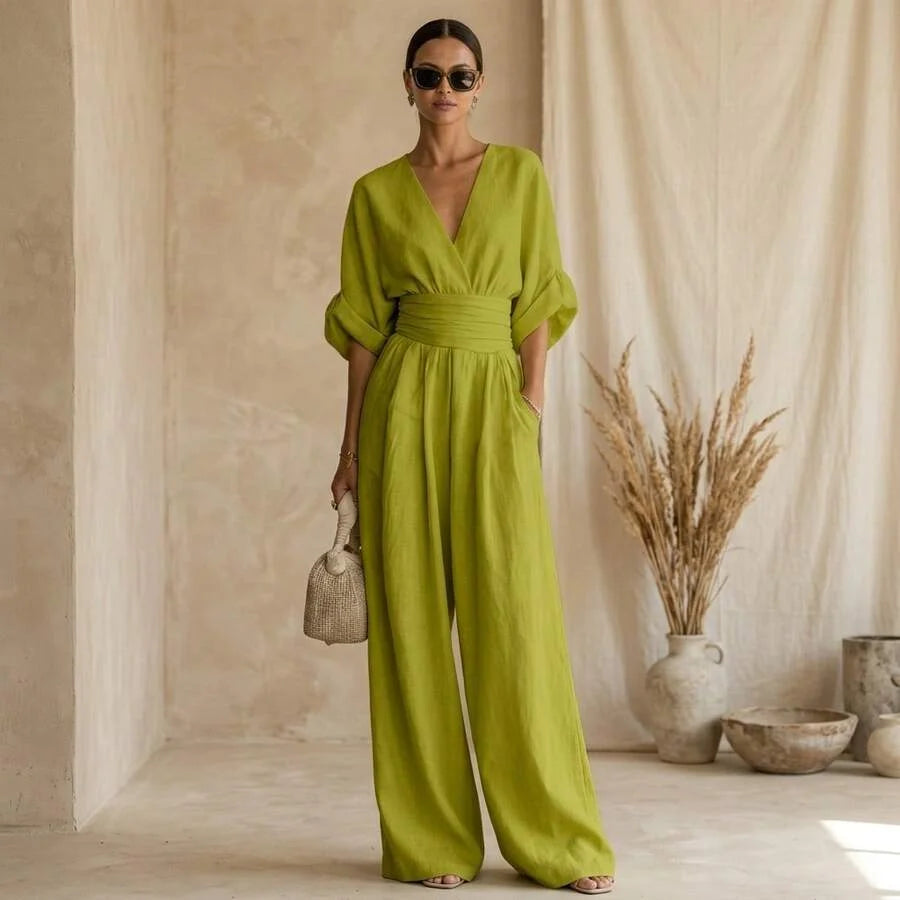Women's Wrap Front Jumpsuit with V Neck and Wide Leg Design